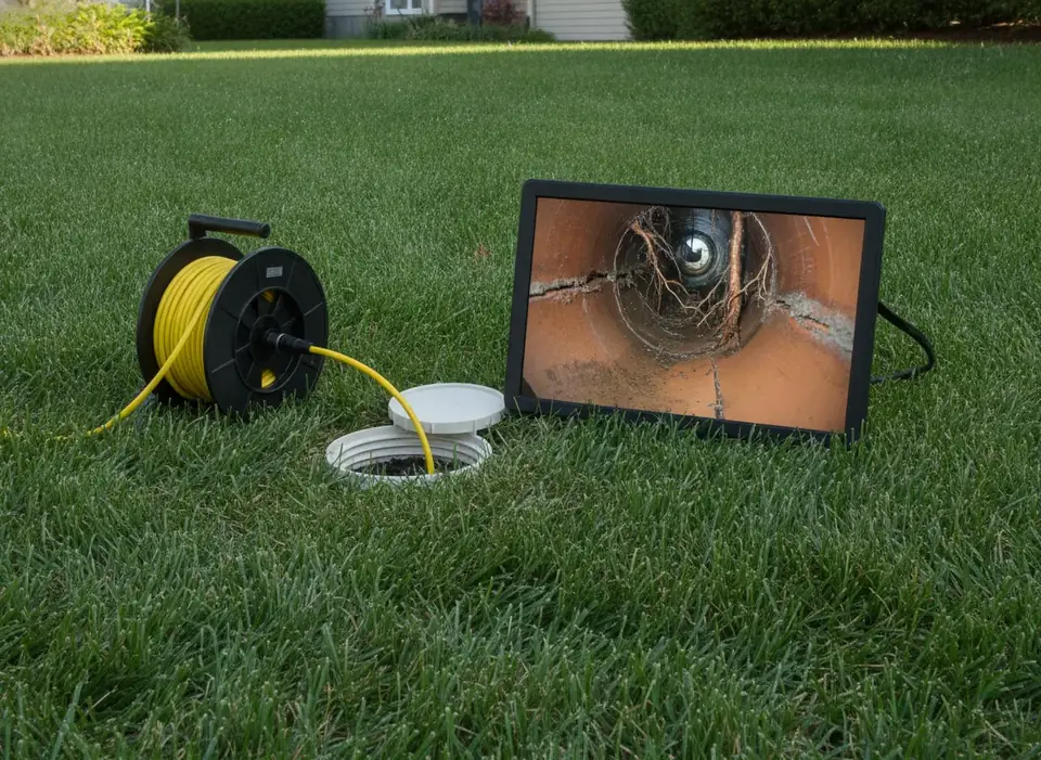 Sewer camera monitor showing roots inside a pipe