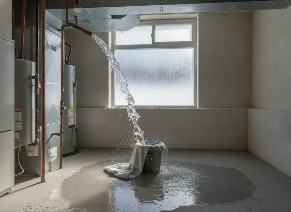 Burst pipe spraying water in a utility room