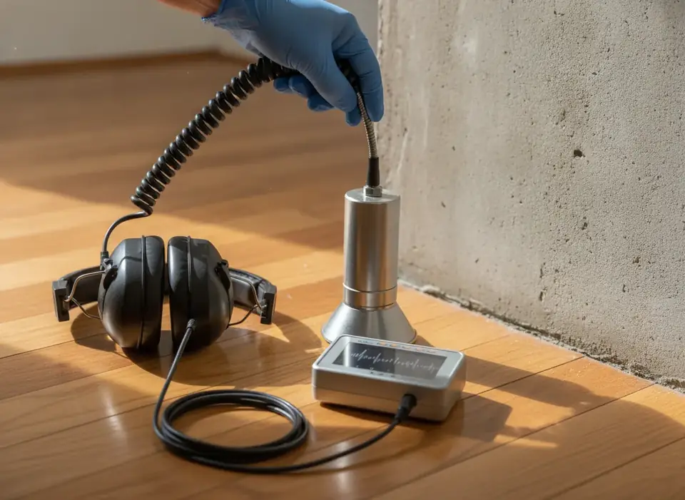 Leak detection sensor on a floor near a wall